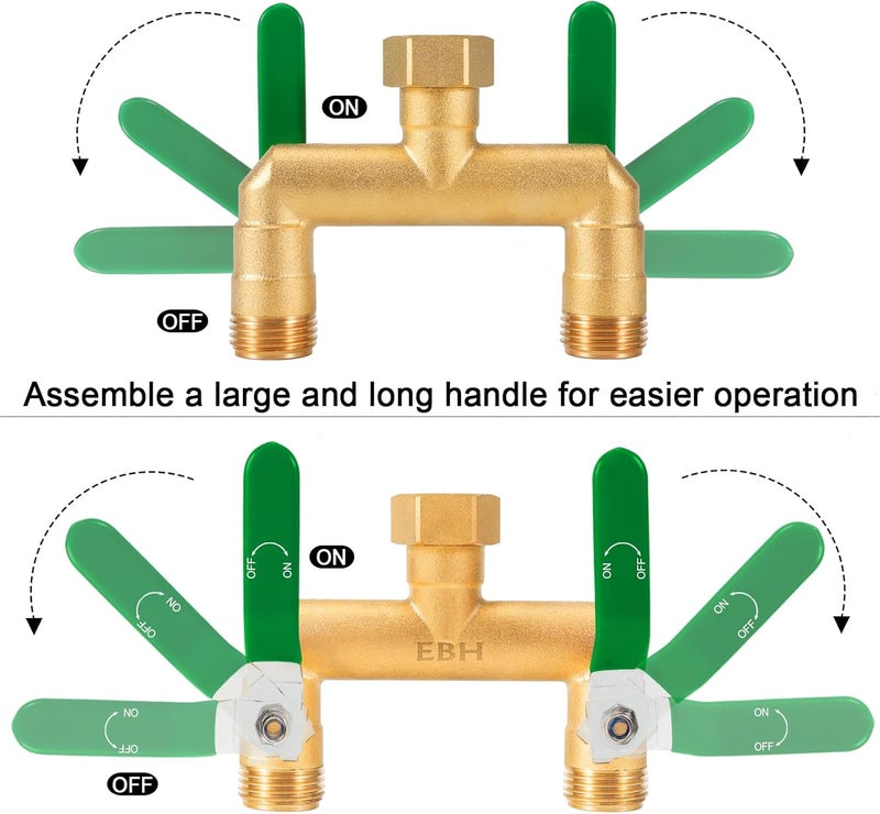 EBH Garden Hose Splitter, 2-Way High Flow Heavy Duty Brass Outdoor Hose Manifold with Extra Long Handles Full Flow Faucet Adapter- 3/4” GHT(Green) - Image 5